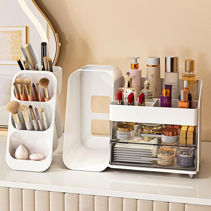 Makeup Organizer for Vanity, Large Capacity Cosmetic Display Case with Clear Acrylic Drawer, Countertop Beauty Storage Holder for Skincare, Brush Eyeshadow Lipstick Counter Desk, Crystal White