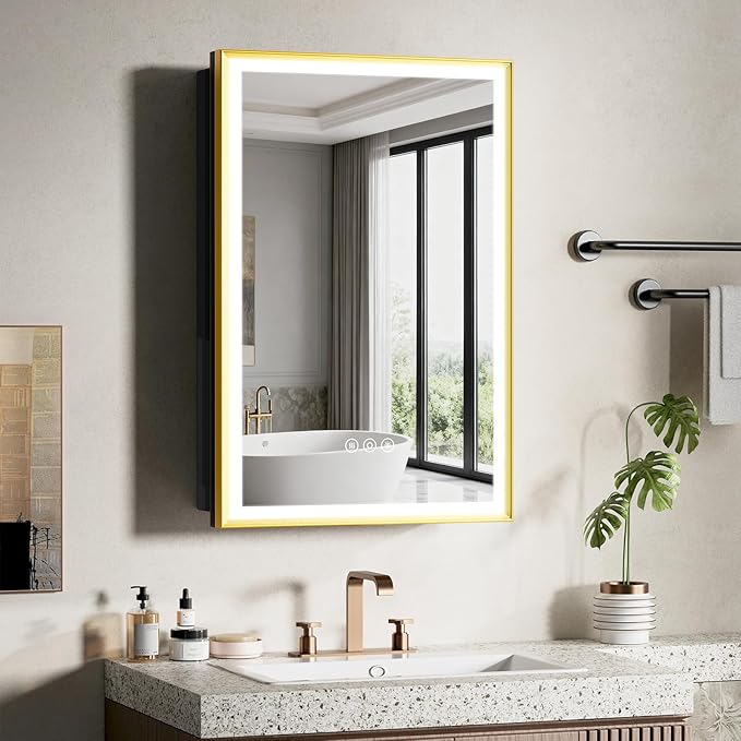 16X24 Inches Framed Medicine Cabinet with Lights, Bathroom Medicine Cabinet with 3-Color/Dimmable, Anti-Fog, Plug-in & Hardwired, Surface Mount & Recessed