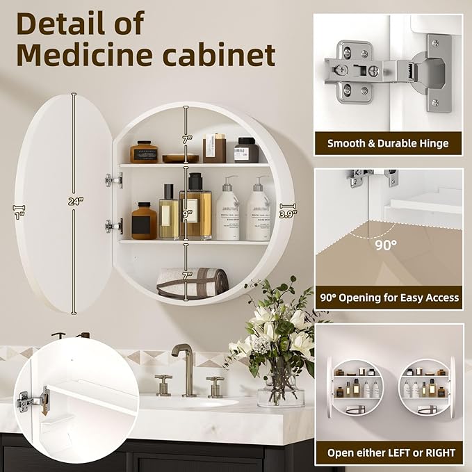 24 x 24 in Inch Round Medicine Cabinet Mirror White,Circular Bathroom Mirror with Storage Wall Mounted,Metal Framed Medicine Cabinets with Tempered Glass Adjustable Shelves for Bathroom Vanity