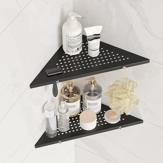 Qeke 10" Bathroom Corner Shelf, 2 Pack Recessed Shower Shelf Caddy, SUS304 Stainless Steel Shelf Wall Mount Triangular, No Drilling Matte Black