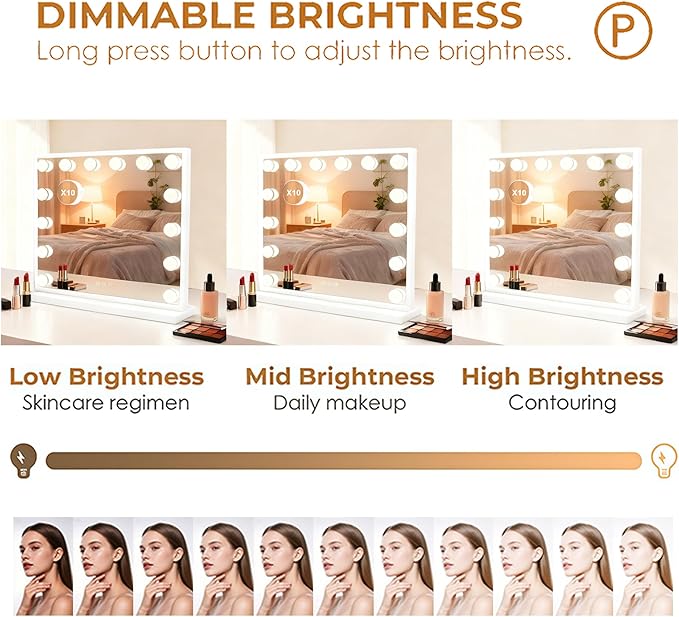 Lighted Vanity Mirror, Hollywood Style, 14.5 Inch LED Makeup Mirror, White/Black, Metal Frame, 10x Magnification, 3 Dimming Modes, Smart Touch Control (White)
