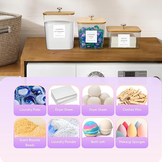 POLRAI 4 Pack Laundry Pod Containers and Dryer Sheet Holder for Laundry Room Organization Clear Jars with Lids and Labels for Laundry Detergent Laundry Pods Dry Sheet Organizing