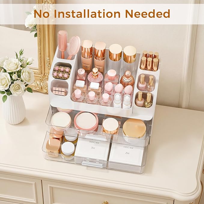 Makeup Organizer for Vanity with Brush Holder, Large Bathroom Countertop Organizer & Skincare Storage | Perfume, Cosmetics Display Case with Drawers (White)