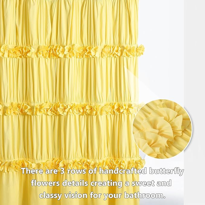 Bright Yellow Shower Curtain, Vintage Handcrafted Bow Tie Bath Curtain for Master Bathroom, Ruched Microfiber Bathroom Curtain with 12 Buttonholes, 72" W x 72" H (LQ-10)