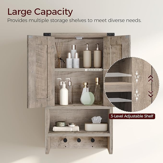 MAHANCRIS Bathroom Wall Cabinet, Farmhouse Medicine Cabinet with Adjustable Shelf, 3-Tier Wall-Mounted Storage Cabinet with 3 Hooks and Open Shelf, for Bathroom, Living Room, Kitchen, Greige