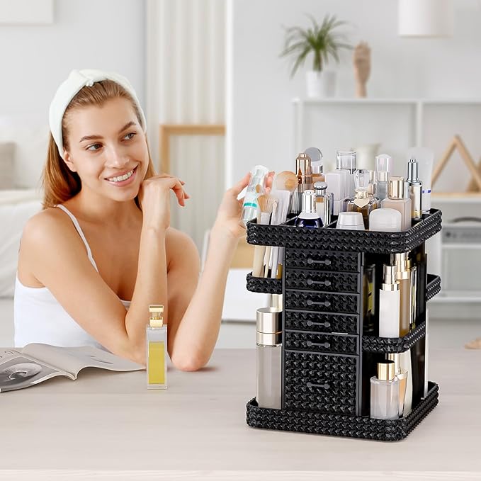 360 Rotating Makeup Organizer for Vanity, Large Skin Care Organizer with 6 Drawers Clear Acrylic Cosmetic Organizer Adjustable Spinning Makeup Storage Perfume Organizer for Dresser (Black)