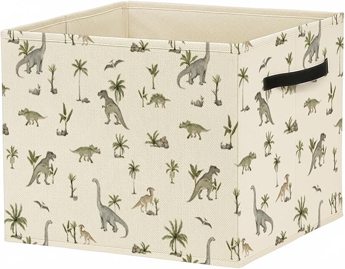 Tropical Botanical Dinosaur Storage Bin Box with Handles, Dinosaur Lovers Gifts Foldable Baskets Organizer for Kids Boys Room Nursery Bathroom Clothes Toys Books, Toybox for Boys