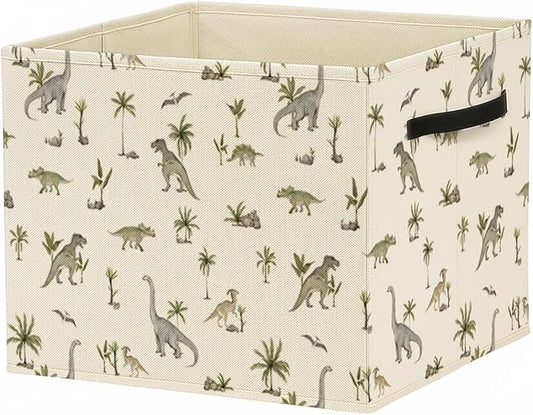 Tropical Botanical Dinosaur Storage Bin Box with Handles, Dinosaur Lovers Gifts Foldable Baskets Organizer for Kids Boys Room Nursery Bathroom Clothes Toys Books, Toybox for Boys