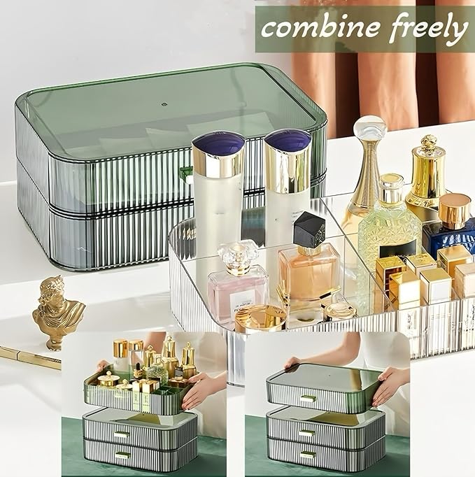 Stackable Cosmetics Organizer Drawers, Bathroom Vanity Makeup Organizers and Storage, Ideal for Desk and Dresser Countertops, Great for Palette, Skincare, Lipsticks, Nail Care. Green