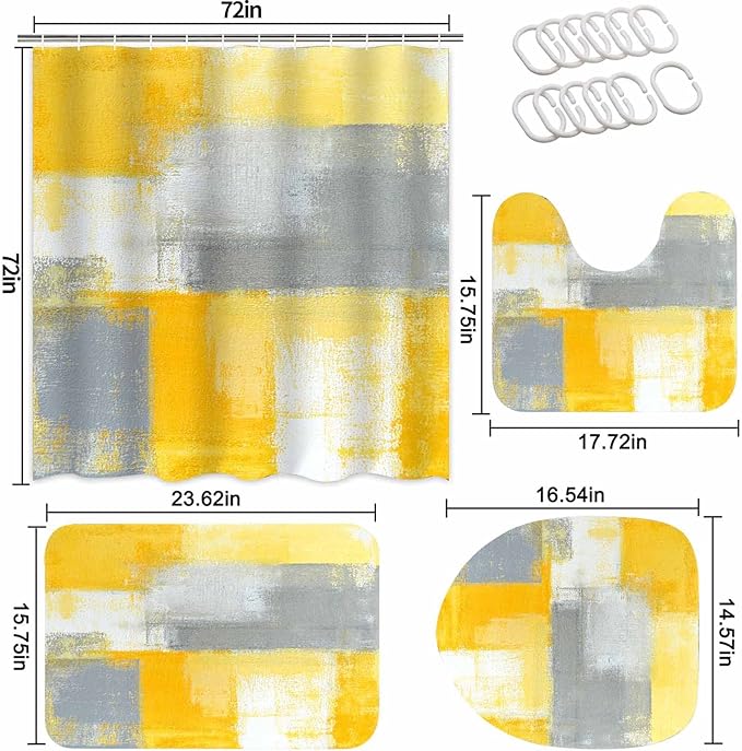 Lnond 4Pcs Yllow Bathroom Shower Curtain Sets with Rugs, Yellow Grey Abstract Painting Bathroom Sets with Shower Curtain and Rugs and Accessories