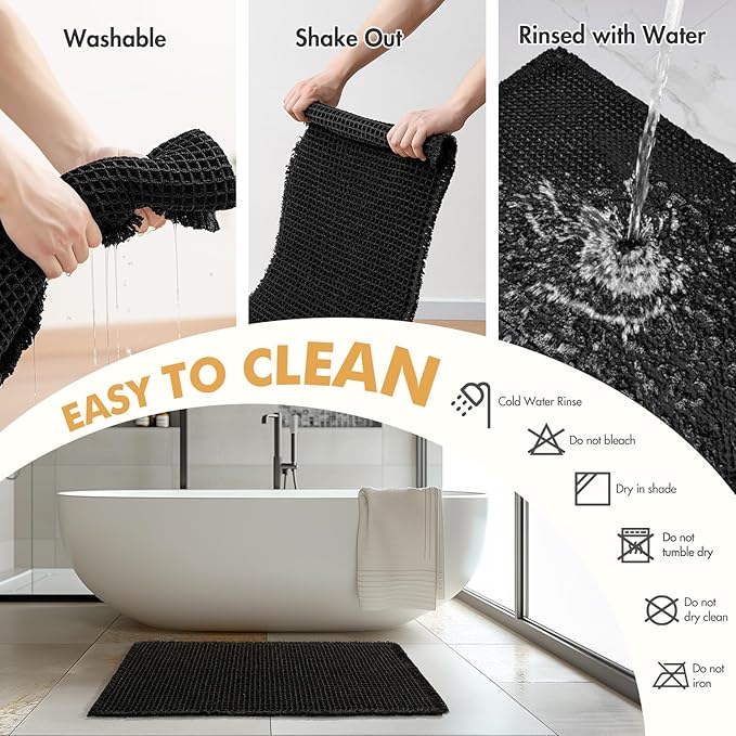 MIULEE Set of 2 Waffle Bathroom Rugs, Boho Bath Rugs Non Slip Washable, Super Absorbent Bath Mats, Ultra Soft Rubber Backed Shower Mats for Bathroom Floor, Tub and Shower, Black, 18x30 Inch