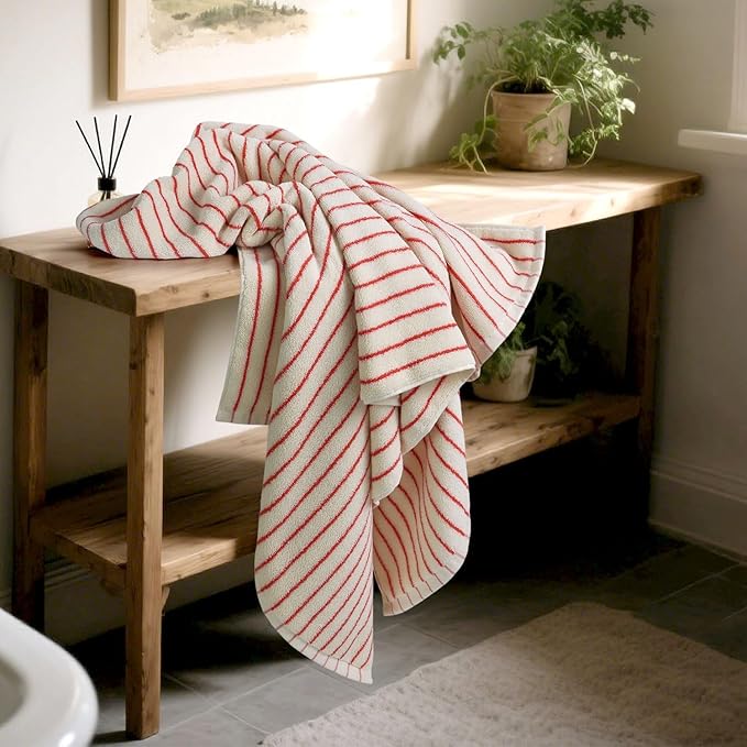 Jacquotha Striped Bath Towels Set of 2 (Coral Red), Lighter & Quick Dry Towels Large 27.5 x 55 inches, Farmhouse for Bathroom Decor, Shower, Pool Days