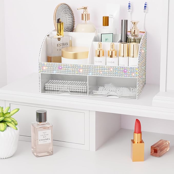 Makeup Organizer, Bathroom Organizer (Bling White)