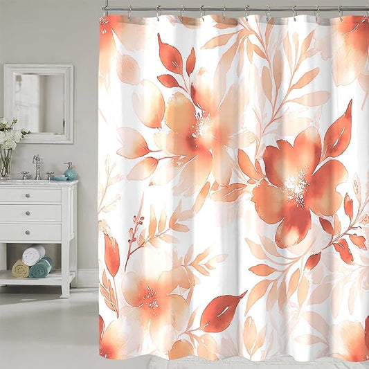 Floral Shower Curtain, Orange Watercolor Flower Shower Curtains for Bathroom, Modern Minimalist Waterproof Fabric Bath Decoration 72x72 Inch