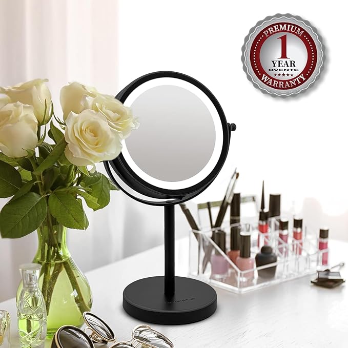OVENTE 6" Lighted Makeup Mirror with 1X/7X Magnification, Cordless Tabletop Mount Vanity Round Mirror with 360° Swivel Design and Double Sided Cool Tone LED Ring Light, Matte Black MLT60B1X7X