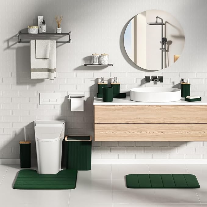 XLHOMO Bathroom Accessories Set - 25PC Green Bathroom Set, Bathroom Set with Shower Curtain and Rugs, Green Shower Curtain Set, Toilet Brush, Bathroom Trash Can