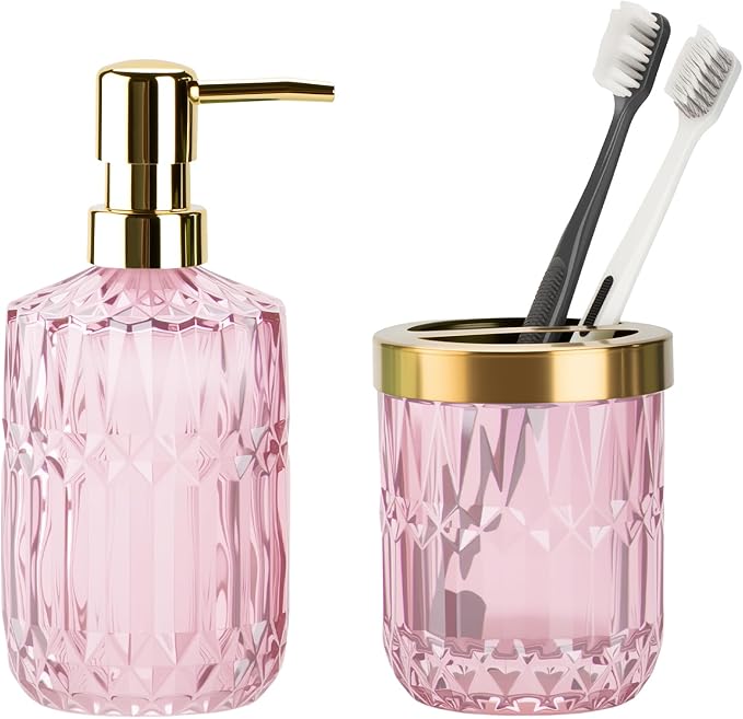 Glass Bathroom Accessories Set, 2PCS Clear Glass Bathroom Accessory, Toothbrush Holder and Soap Dispenser Set for Modern Bathroom Decor(Pink)