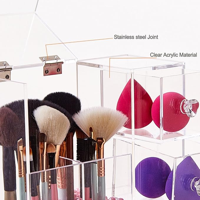 Clear Acrylic Covered Makeup Brush Holder with Dustproof Lid, 3 Drawers, Pearls Beads for Cosmetics Brushes Storage (Pink)