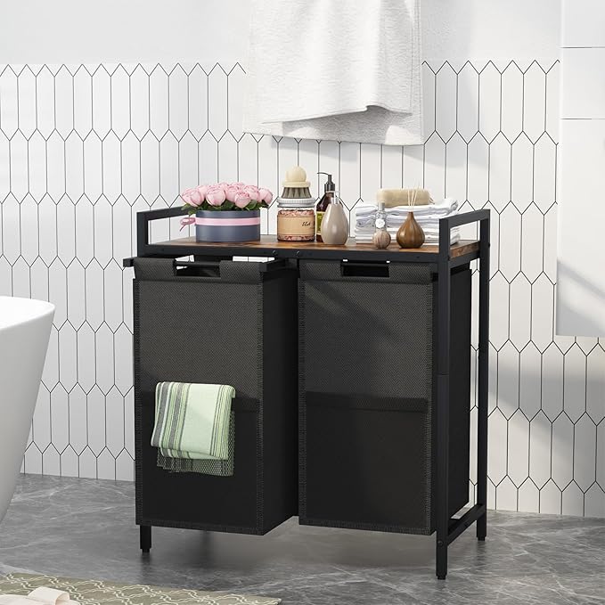Huhote Laundry Hamper, double Laundry Basket, Laundry Sorter with Top Shelf & 2 Removable Washable Bags & Side Pockets for Laundry Room organization, Bathroom and Dorm, Rustic Brown and Black