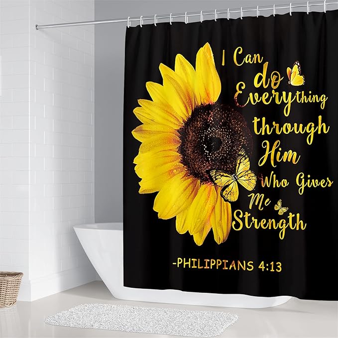 AZHM 4pcs Sunflower Shower Curtain Set Inspirational Quotes Flower Bathroom Decor with Rugs Bathroom Accessories Set Bathroom Curtain Shower with 12 Hooks
