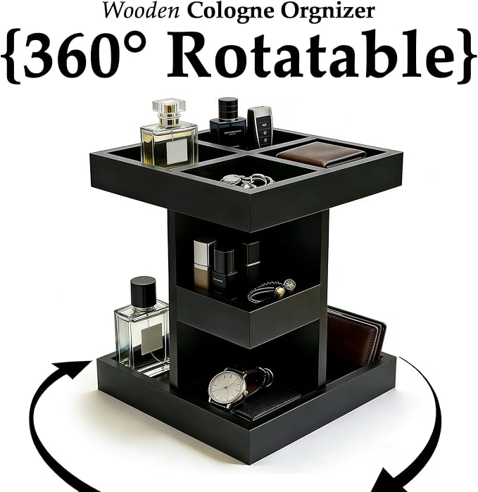 Cologne Organizer for Men Women, 360° rotatable Large Capacity Wood Perfume Shelf with Rotate Makeup Organizer Bathroom Vanity Countertop Storage