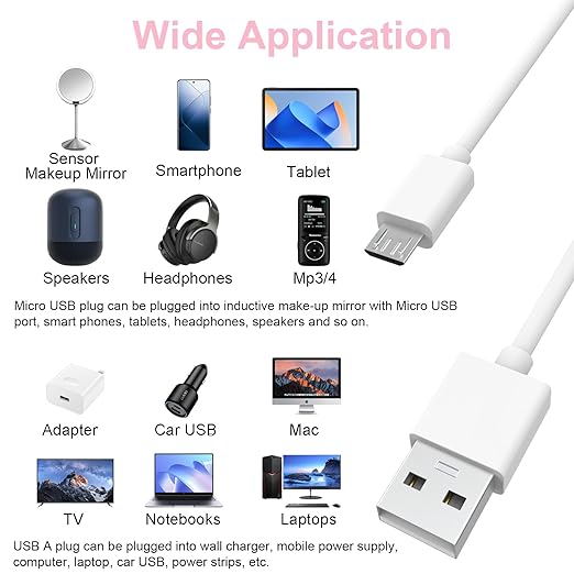 Zosvoses Micro USB Charging Cable Compatible with Simplehuman 5 inch & 8 inch Round Sensor Makeup Mirror, 6.6ft