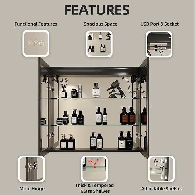 Buruis 36 x 32 Inch Medicine Cabinet with LED Lights and Mirror, Recessed/Wall Mounted Bathroom Cabinet, 3-Color Light, Defogger, Memory Function, Outlet & USB, Dimmer, Black