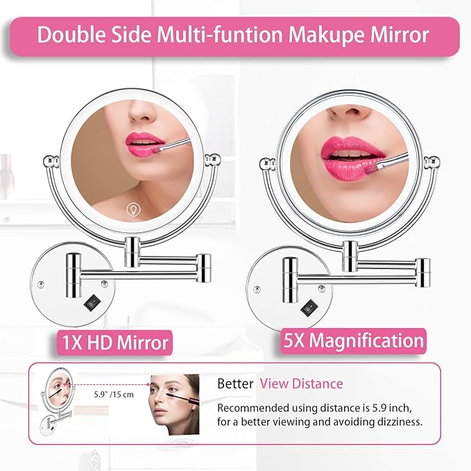 Wall Mounted Lighted Makeup Mirror, 8 Inch Double-Sided 1X 5X Magnifying Mirror for Bathroom, 11'' Extendable Arm, 360° Swivel, Touch DimmableLED Lights, Powered by Plug in, Chrome