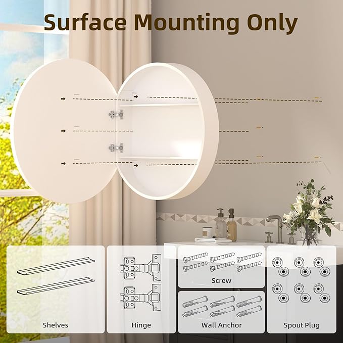 28 x 28 Inch Round Medicine Cabinet with Mirror,White Circular Bathroom Cabinet Wall Mounted,Metal Framed Mirror Medicine Cabinet with Adjustable Shelves for Bathroom Vanity