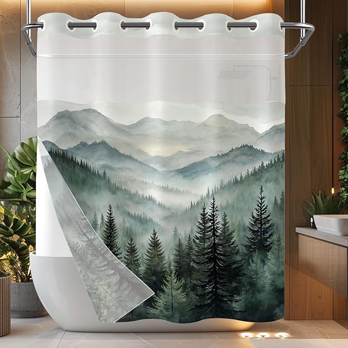 Accnicc No Hook Shower Curtain with Snap in Liner Forest Mountain Shower Curtains for Bathroom Dark Green Nature Misty Pine Tree Foggy Rustic Woodland Waterproof Fabric Bath Curtain Decor 71×74In