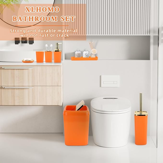 XLHOMO Orange Bathroom Accessories Set, Orange and Gold Bathroom Accessories with Trash Can, Soap Dispenser, Soap Dish, Toothbrush Holder and Q-tip Holders
