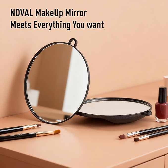 NOVAL Makeup Round Mirror, Black Round Barber & Salon Hand Mirror with Hanging Hook, Space-Saving Wall or Vanity Use