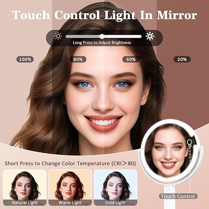 Makeup Mirror with Lights, 4000mAh Rechargeable Magnifying Mirror with 3 Colors Lights and Adjustable Brightness, 15X/1X Makeup Mirror, Height and 360°Adjustable, Valentine's Gifts for Women