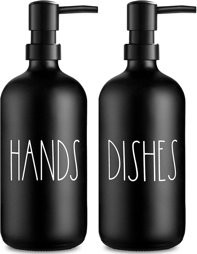 VIMERPA Hand and Dish Soap Dispenser Set, Matte Black Hands Dishes Soap Dispenser Set for Kitchen, 2 Pack Glass Soap Dispensers Set with Plastic Pump, 17 Fl Oz Refillable Liquid Soap Bottles