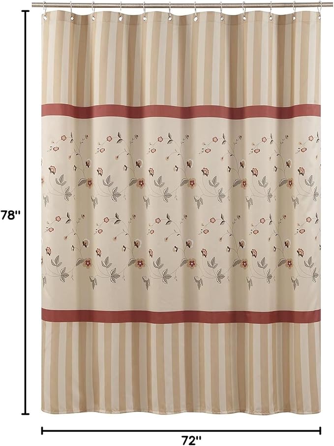Long Fabric Shower Curtain, Beige Striped Floral Shower Curtains for Bathroom, Flower Waterproof Bathroom Curtains, 72" W x 78" H