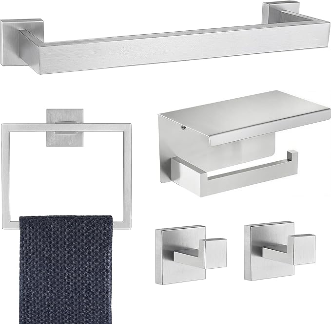 5 Pieces Bathroom Hardware Accessories Set Brushed Nickel, 24Inch Square Towel Racks Set for Bathroom, SUS304 Stainless Steel Towel Bar Set,Toilet Paper Holder with Shelf Wall Mounted