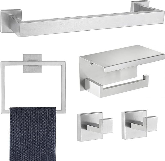 5 Pieces Bathroom Hardware Accessories Set Brushed Nickel, 24Inch Square Towel Racks Set for Bathroom, SUS304 Stainless Steel Towel Bar Set,Toilet Paper Holder with Shelf Wall Mounted