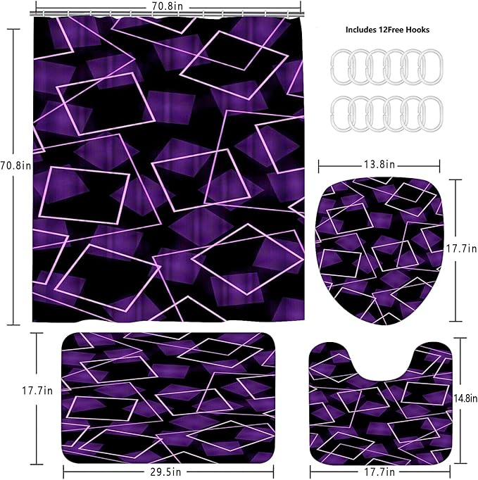 Yizheer 4Pcs Purple 3D Geometry Bathroom Shower Curtain Set with 12 Rustproof Hooks Bath Mat Toilet Cover U Shaped Mat- PEVA Material, 72x72 Inches, Bathroom Curtain for Bathtub (Purple)