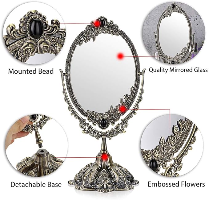 JUXYES Metal Tabletop Antique Decorative Makeup Mirror with Stand, Vintage Swivel Double Sided Cosmetic Mirror with Frame, Retro Desktop Oval Dressing Mirror for Bathroom Bedroom