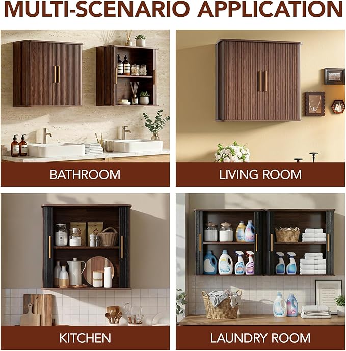 Furnaza 60" W Laundry Room Wall Cabinet with Fluted Sliding Door, Bathroom Medicine Cabinet with Adjustable Shelf, Wall Mounted Storage Cabinet for Laundry Room Kitchen
