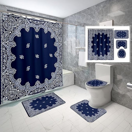 4 Piece Western Shower Curtain Waterproof White and Blue Geometric Line White Neck Scarf Kerchief Bathroom Sets with Non-Slip Rugs, Toilet Lid Cover and Bath Mat with Standard Size