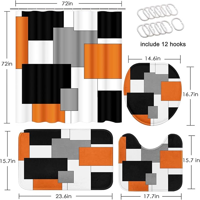 Orange Geometric Shower Curtain Set with Toilet Lid Cover and Non-Slip Rugs for Bathroom, Black White Grey Checkered 4 Pcs Shower Curtain, Modern Abstract Bathroom Set with 12 Hooks