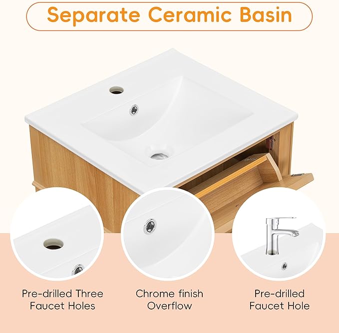 Virubi 20 in Small Bathroom Vanity with Sink,Soft Closing Door,Tilt-Out Drawer and Adjustable Shelf,Solid Wood Frame Modern Single Bathroom Sink Cabinet,Freestanding Natural Wood