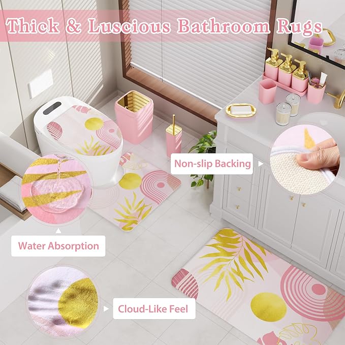 Bathroom Accessories Set - 27PC Bathroom Sets with Shower Curtain and Rugs, Pink Bathroom Set, Pink Bathroom Accessory Set with Trash Can, Toilet Brush & 3 PC Soap Dispensers