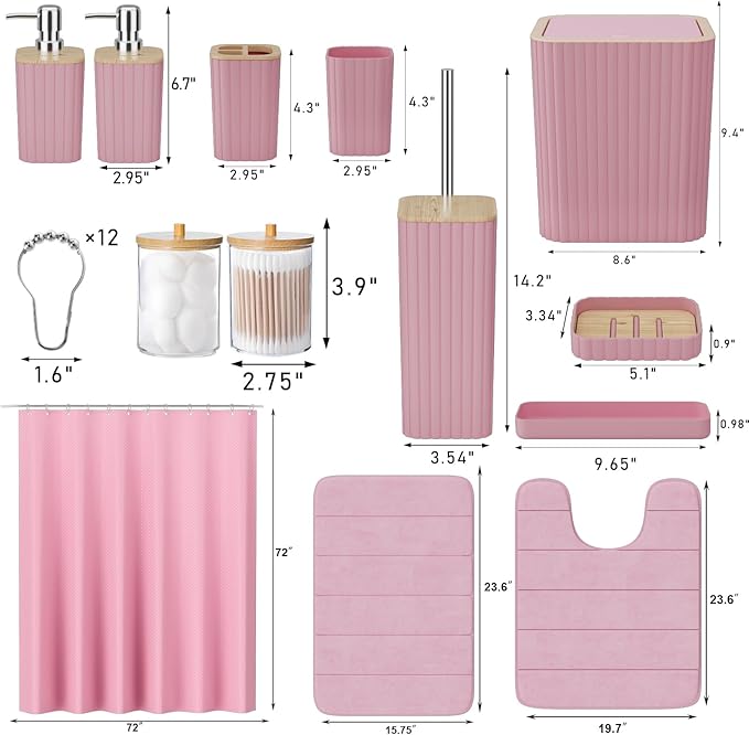 XLHOMO Bathroom Accessories Set - 25PC Pink Bathroom Set, Bathroom Set with Shower Curtain and Rugs, Pink Shower Curtain Set, Toilet Brush, Bathroom Trash Can