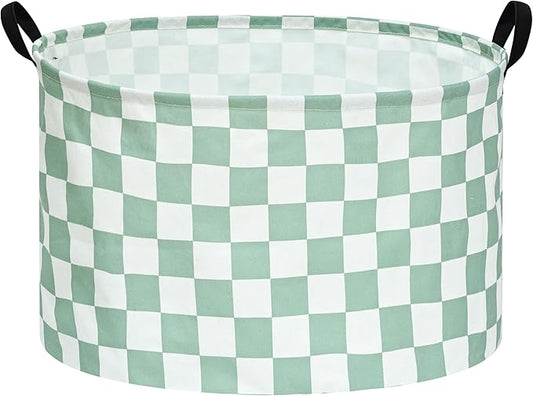 Sage Checkered Storage Basket Extra Large 80L Kids Hamper Baby Laundry Basket Waterproof Toys Car Organizer Collapsible Canvas for Home/Dorm/Pet/Office/Closet/Shelf/Gift Baskets