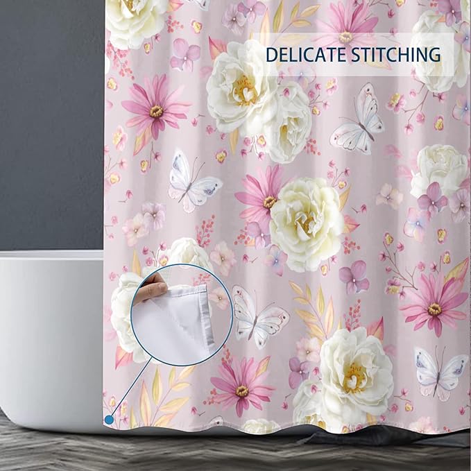 Pink Floral Shower Curtains, Watercolor White Roses Pink Pyrethrum Flower and Butterflies Shower Curtains, Waterproof Fabric Spring Floral Pattern Bathroom Shower Curtain, 72 x 72 Inch