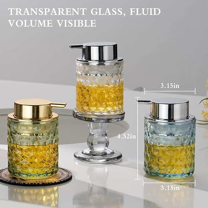 CICUFY Hand Soap Dispenser Glass, Refillable Liquid Dispenser for Bathroom & Kitchen,Lotion Dispenser with Large Silver Pump（Diamond Pattern-Clear）