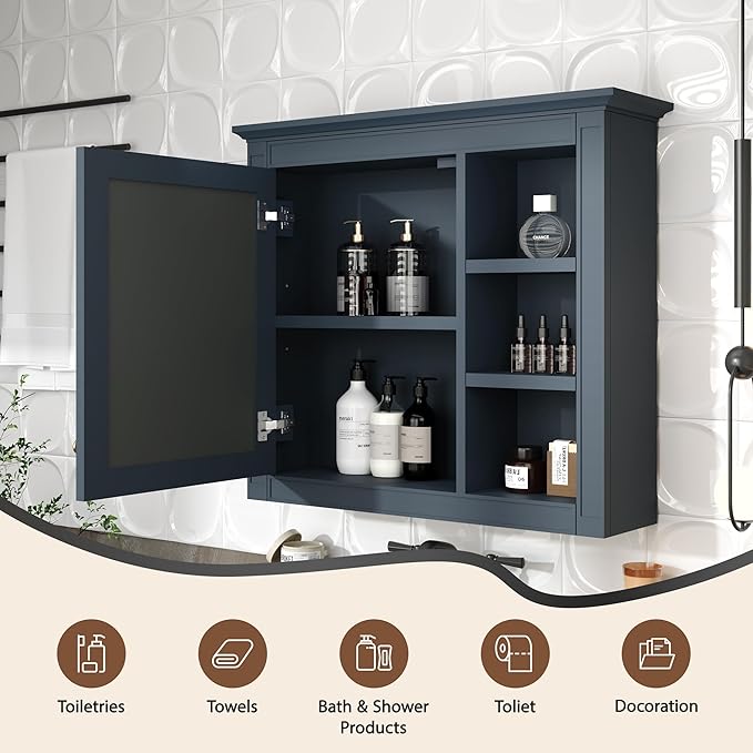 Merax Bathroom Medicine Cabinet with Mirror, Wall Mounted Medicine Cabinet with Single Door and Shelves, Over The Toilet Mirrored Bathroom Storage Wall Cabinet (Blue, 30")