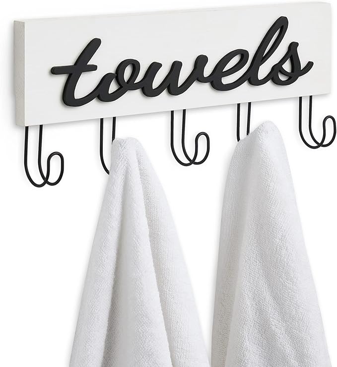 Mkono Towel Holder Wall Mounted Towel Rack Bathroom Decor Rustic White Wood Towel Hooks to Hang Towels Bathroom Robe Coat Clothing, Bath Towel Hanger Storage Home Decor Organizer,Small